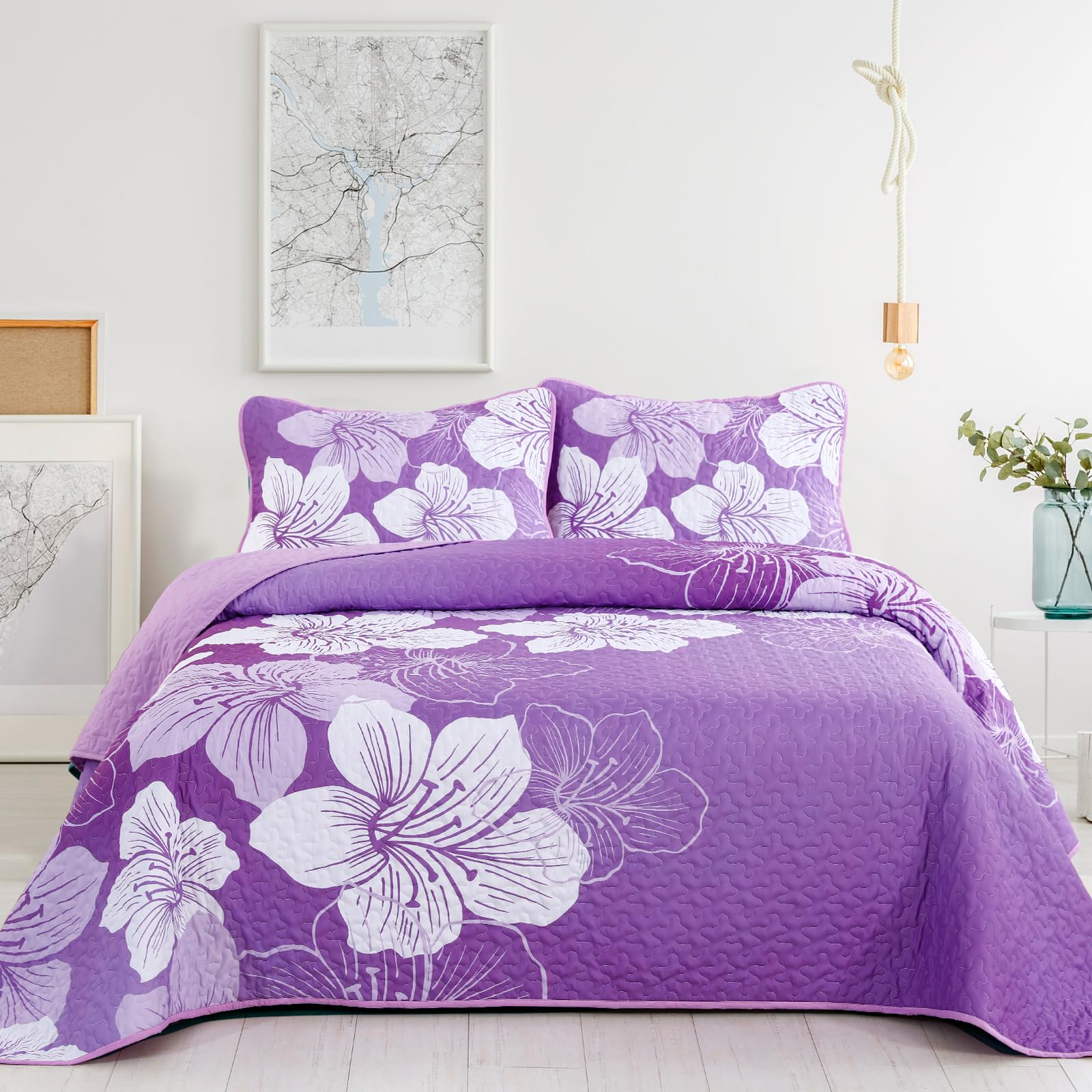 Djy Purple Floral Queen Quilt Set 3 Pieces Botanical Pattern Bedspread Summer Gradient Bedding Quilt Set With 2 Pillow Shams Sof